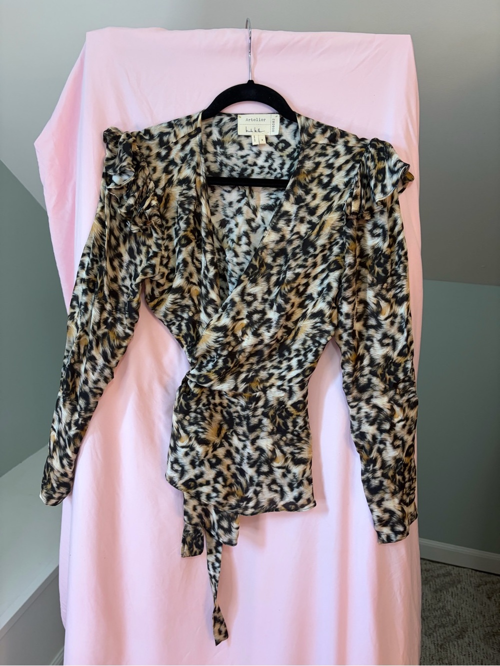 Nicole Miller 100% Silk Leopard Print Wrap Blouse - Brown/Black size medium